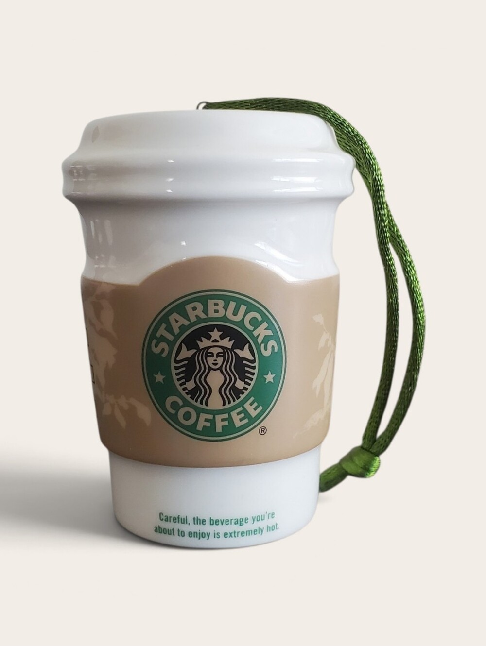 Starbucks 2008 Ceramic Coffee Cup Holiday Ornament Tan Sleeve